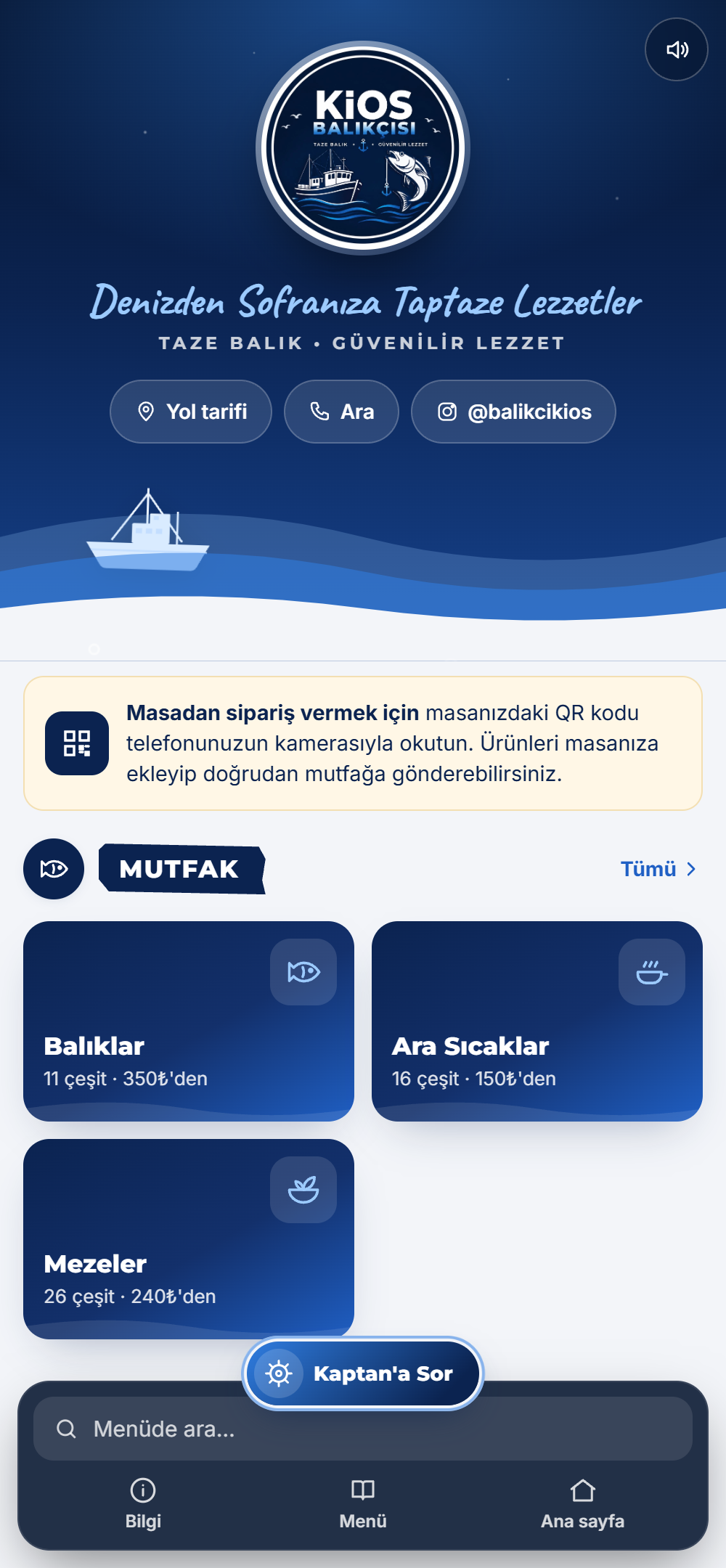 Kios Balıkçısı AI QR Menü ekranı